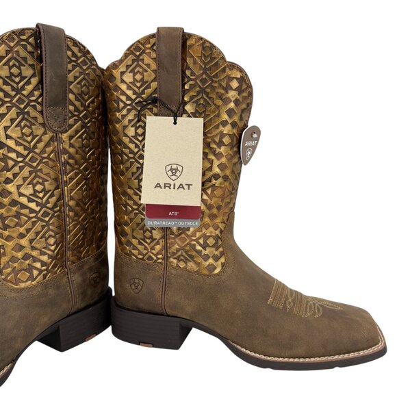 Ariat Women's Round Up Wide Square Toe Leather Brown Western Boots Size 10B NWOB - Picture 13 of 16